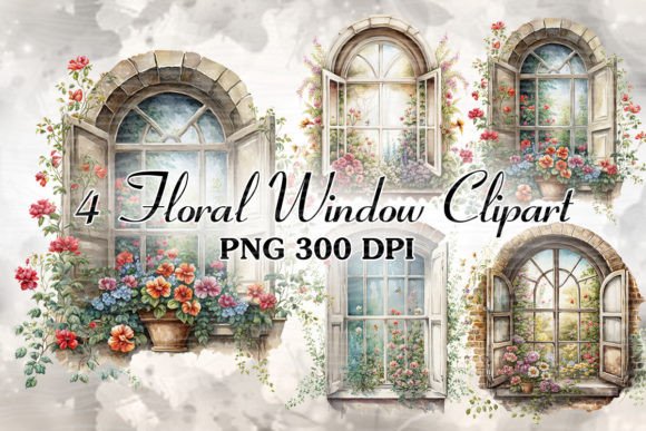 Floral Window Watercolor Clipart: Graphics for Crafts and Content