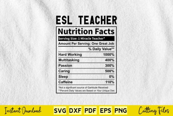 Funny ESL Teacher Nutrition Facts: A Graphics Asset for Crafts and Merch